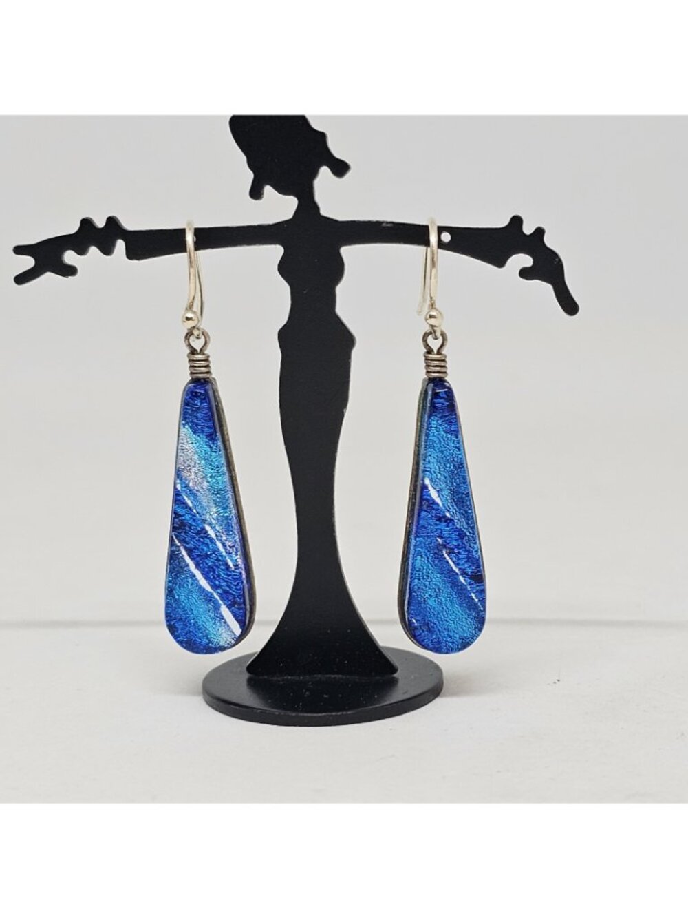 925 Sterling Silver Blue Dichroic Glass Dangle Earrings Teardrop